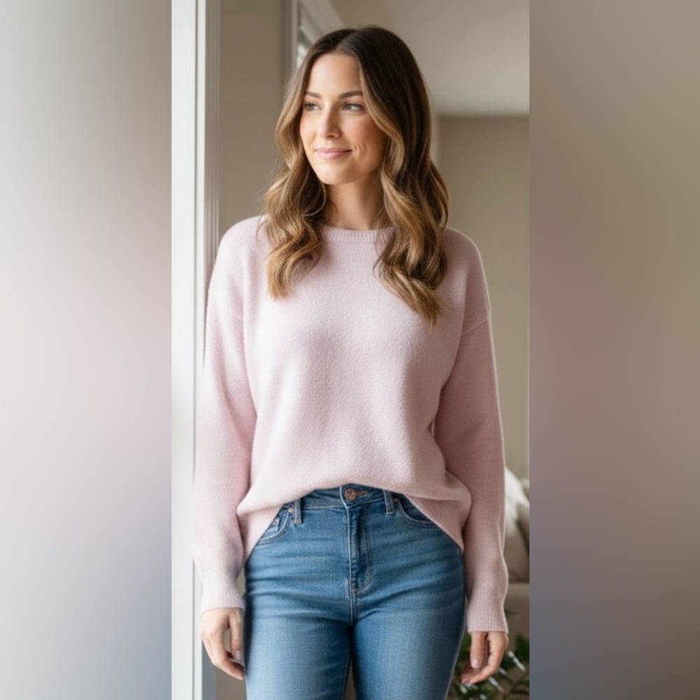 Treasure & Bond Pink Organic Cotton Merino Wool Crewneck Oversized Sweater, XS